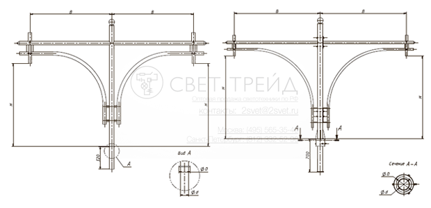 схема Кронштейна СОлрис для двух подвесных светильников Opora Engineering