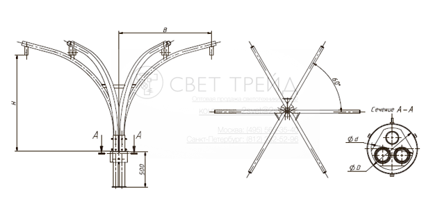 схема Кронштейна двухрожкового с обечайкой для 6 подвесных светильников Opora Engineering